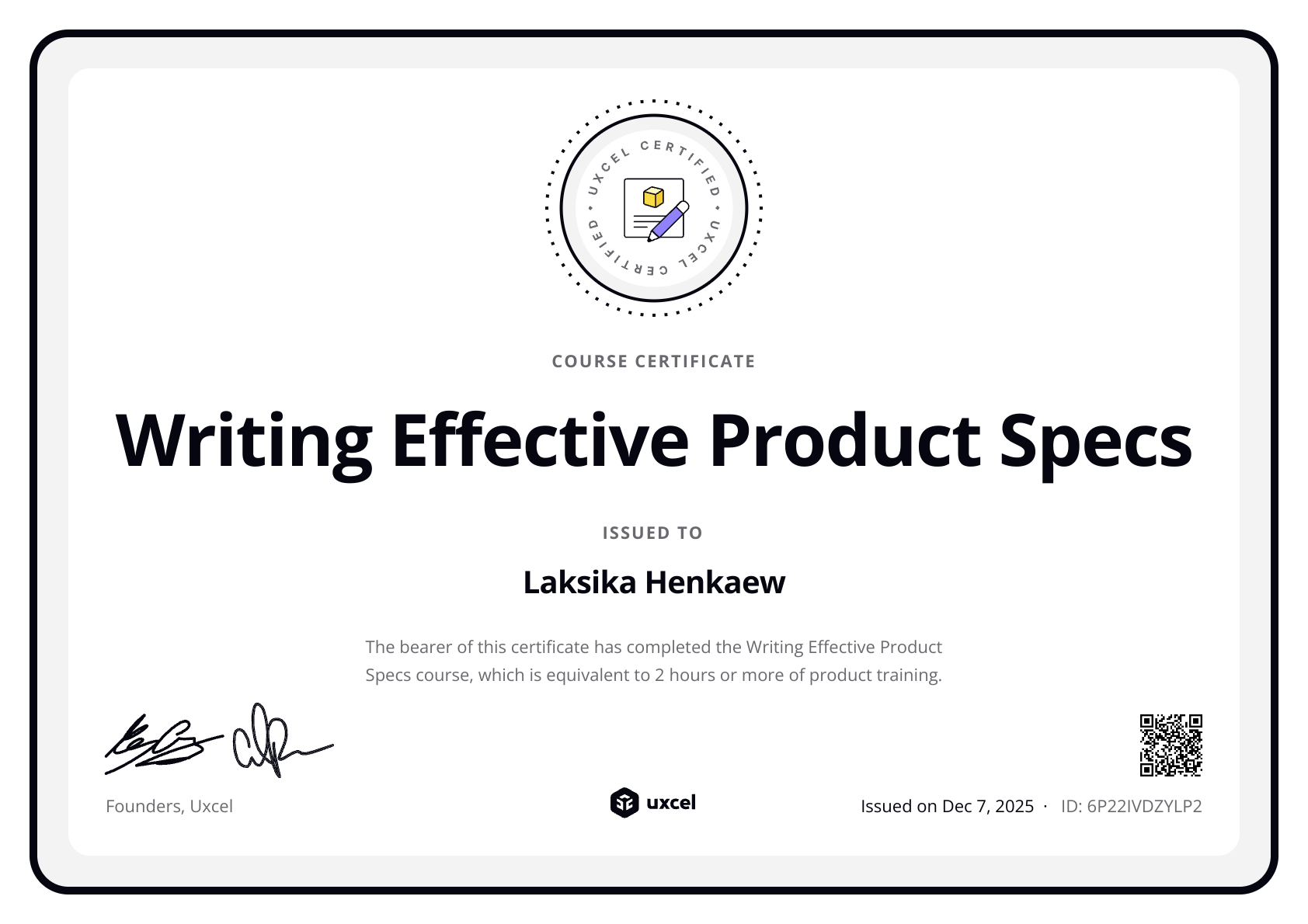 Laksika Henkaew's certificate